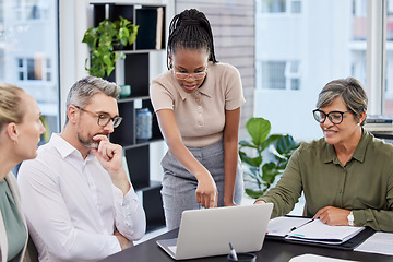 Image showing Planning, thinking and laptop of business people with manager, leader or african woman for feedback or solution. Problem solving, website review and ideas of professional men and women on computer