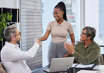 Image showing Handshake, clapping and business people in meeting celebration, success or thank you of promotion. CEO, african woman or employer shaking hands in collaboration, congratulations or interview applause