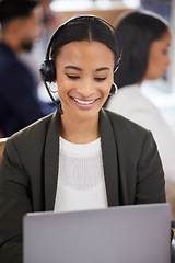 Image showing Woman, call center and smile at laptop for customer service, support and telemarketing. Face of an african female agent or consultant with a headset for sales, crm or help desk for online advice