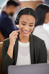 Image showing Woman, call center and microphone at laptop for customer service, support and telemarketing. Face of african female agent or consultant talk on headset for sales, crm or help desk for online advice