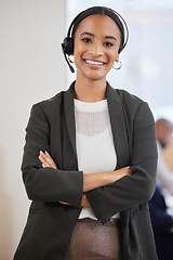 Image showing Portrait, telemarketing and woman with arms crossed, call center and confident representative. Face, female person and agent with a smile, customer service and tech support with a consultant and joy