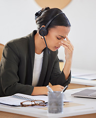 Image showing Telemarketing, business and woman with a headache, stress and burnout with call center, overworked and health problem. Female person, agent or employee with a migraine, tech support and medical issue