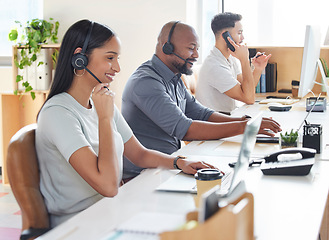 Image showing Call center, customer service or support with consultant people at work in an office for assistance. Contact us, crm or consulting with a group of employees using headset technology for telemarketing