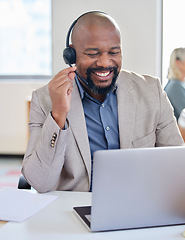 Image showing Black man, call center and smile at laptop for customer service, support and telemarketing. Happy african male agent or consultant with a headset for sales, crm or help desk and online advice