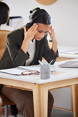 Image showing Telemarketing, consultant and woman with a headache, stress and call center with pain, overworked and health issue. Female person, agent or employee with a migraine, tech support and medical problem