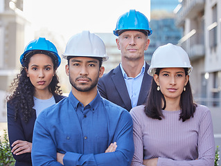 Image showing Business people, architect and team in city for construction, leadership or architecture on site. Portrait of confident group of expert engineers with arms crossed in teamwork for building in a town