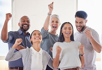 Image showing Success, portrait and group celebration of business people for achievement, goals or target. Face, winner team and excited employees celebrate winning together, good news or bonus, prize or promotion