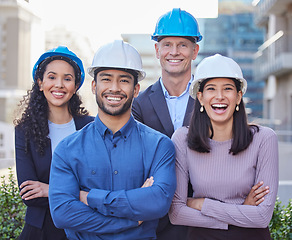 Image showing Business people, architect and portrait of team in city for construction, leadership or architecture on site. Happy group of professional engineers with arms crossed in teamwork for building in town