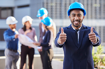 Image showing Businessman, portrait and architect with thumbs up in construction for winning, success or teamwork on site. Happy man, engineer or manager with thumb emoji, yes sign or like in architecture approval