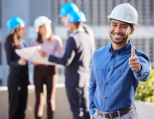 Image showing Businessman, portrait and architect with thumbs up for winning, success or teamwork in construction on site. Happy man or engineer smile and thumb emoji, yes sign or like for approval in architecture