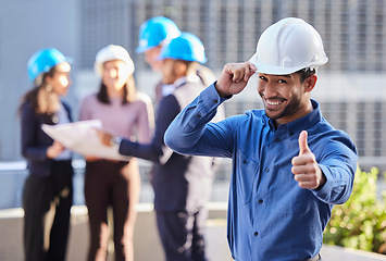 Image showing Businessman, architect and thumbs up in construction for winning, success or teamwork on site. Portrait of happy man or engineer smile with thumb emoji, yes sign or like for approval in architecture