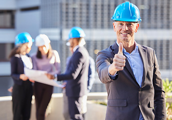 Image showing Businessman, architect and thumbs up in construction for success, winning or teamwork on site. Portrait of happy man or engineer smile with thumb emoji, yes sign or like for approval in architecture