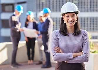 Image showing Happy woman, portrait and architect with arms crossed for construction in team management or leadership on site. Confident female person, engineer or manager with hard hat for industrial architecture