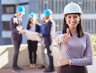 Image showing Business woman, architect and thumbs up for construction success, winning or teamwork on site. Portrait of happy female engineer smile with thumb emoji, yes sign or like for approval in architecture