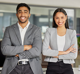 Image showing Team, portrait and business people with arms crossed in office for partnership, support and teamwork. Face, leadership and proud man with woman in solidarity, collaboration and startup agency goal