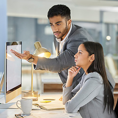 Image showing Accounting, learning and mentor with advice for business woman and planning growth on a computer screen in office. Team, teamwork and coach help employee with project for development of a company