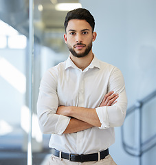 Image showing Portrait, leader and business man with arms crossed in office, serious or empowered mindset. Leadership, face and proud Indian male lawyer with focus, serious and ambition, confident and professional