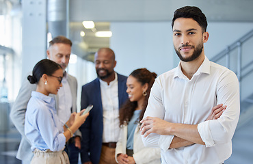 Image showing Business man, portrait and office team with teamwork and collaboration feeling success and motivation. Male employee smile, arms crossed and corporate confidence with staff talking at a workplace