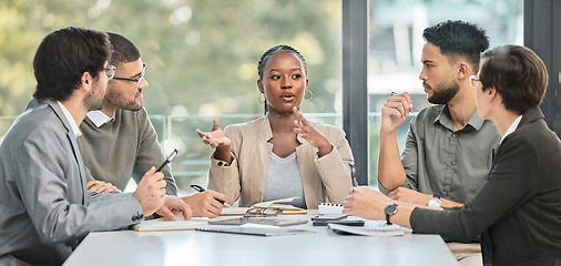 Image showing Business meeting, conversation and company strategy with diversity and communication. Corporate, management conversation and planning of a training team in workshop with teamwork and collaboration