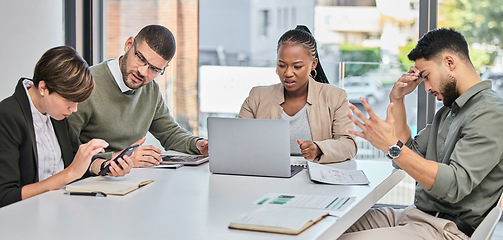 Image showing Laptop, planning or business people meeting for tax audit report or financial statement in company. Accounting, team work or employees with strategy for finance paperwork, logistics or data analysis