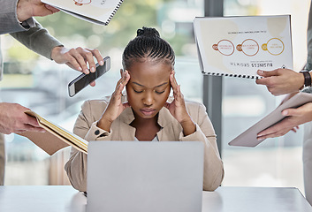 Image showing Business woman, overwhelmed and busy with headache, stress and laptop with chaos, project and schedule. Team, businesswoman and man with pc, anxiety or hands in office with noise, pressure or target