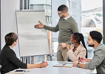 Image showing Business man, presentation and strategy with team, whiteboard and training in finance company for target. Businessman, leader and speaker with ideas, solution or problem solving in group for planning