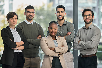 Image showing Happy, diversity or portrait of business people with arms crossed or confidence in a startup company. Team, managers or proud employees smiling with leadership or group support for growth in office