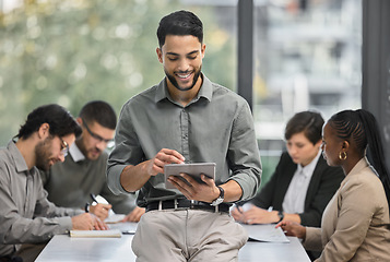 Image showing CEO, happy or businessman with tablet in meeting in startup company for networking online. Boss, manager or employee with smile or digital technology for statistics data analysis or growth in office