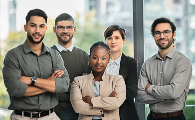 Image showing Confident, diversity or portrait of business people with arms crossed or confidence in startup company. Team, managers or proud employees smiling with leadership or group support for growth in office