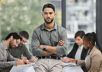 Image showing CEO, confident or portrait of businessman with arms crossed or confidence in a startup company. Boss, manager or proud employee with leadership or leadership in meeting for growth in a office job