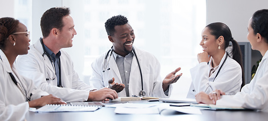 Image showing Healthcare, meeting and collaboration with a team of doctors in a hospital boardroom for discussion. Medical, teamwork and planning with a group of professional medicine people working in a clinic