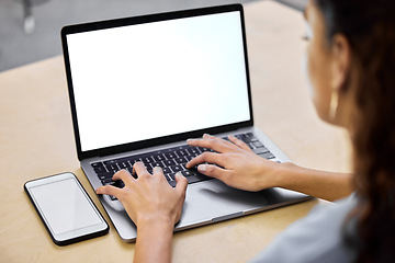 Image showing Screen mockup, laptop and woman hands typing with computer information and research. Office, employee and desk with technology writing and working on the internet with web info for writer work