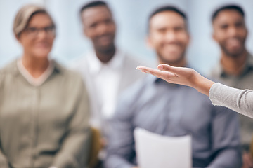 Image showing Diversity, hand of leader with presentation and with colleagues in a conference room at their workplace. Meeting, speaker and woman presenter giving speech with coworkers in boardroom office at work
