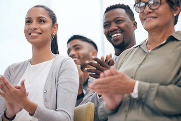 Image showing Diversity, businesspeople clapping their hands and happy in a conference room at their workplace. Success or achievement, workshop and happy colleagues with congratulations gesture in a boardroom