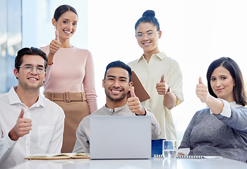 Image showing Thumbs up, success and business people in portrait for news on laptop, thank you and teamwork or like, yes and okay hands. Happy staff, women or men in support, winning or subscribe emoji on computer