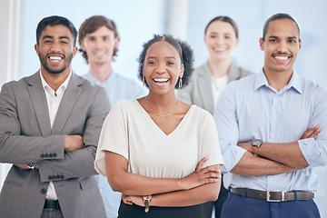 Image showing Portrait, diversity and arms crossed with business people in the office, standing in unity or solidarity. Collaboration, leadership and confidence with a team of happy colleagues at work for success