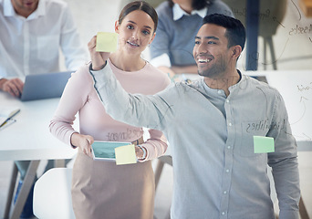 Image showing Writing, planning and business people on glass board brainstorming, collaboration and teamwork for startup. Project ideas, creative workflow and team work of man and woman with sticky notes in office