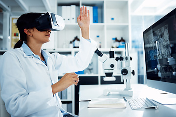 Image showing Woman, scientist and VR goggles with computer screen, science innovation in lab and futuristic tech with metaverse. Virtual reality, digital data and UX with scientific experiment and female doctor
