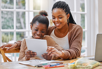 Image showing Home, black mother and girl with a tablet, learning or typing with website information, connection or education. Parent, female kid or mama with daughter, child development or remote school with tech