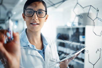 Image showing Woman, scientist and glass board, equation and formula with problem solving and scientific study in lab. Female doctor writing with tablet, chemistry and science innovation with medical research