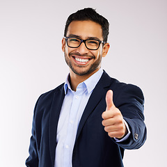 Image showing Smile, glasses and thumbs up by businessman happy and accept vision isolated against a white studio background. Corporate, employee and portrait of an entrepreneur showing thank you sign as agreement