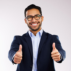 Image showing Accept, glasses and portrait of business man happy in agreement with vision and isolated in a white studio background. Corporate, employee and portrait of entrepreneur with yes or thank you gesture