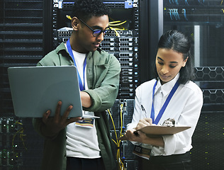 Image showing Technician, programmer and laptop with clipboard, server room or digital software with check security, system update or connect. Staff, man or woman with technology, network safety or secure internet