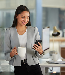 Image showing Phone, coffee and business woman reading online, email communication or chat for HR or corporate networking. Professional worker, Human Resources employee or african person on mobile app in office