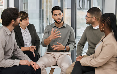 Image showing Business meeting, conversation and company strategy with diversity and communication. Corporate, management seminar and planning of a training team in workshop with teamwork and project collaboration