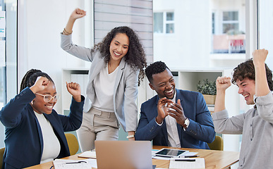 Image showing Fist pump, success and winner with business people in office for celebration, achievement and teamwork. Wow, meeting and motivation with excited employees for target, goals and congratulations