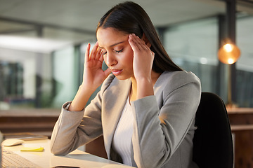 Image showing Headache, pain and stress of business woman in office burnout, fatigue or mental health risk at night. Migraine, massage temple and tired professional person at desk of mistake, depression or anxiety