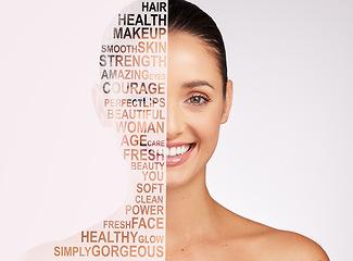 Image showing Beauty, makeup and text overlay with portrait of woman for cosmetics, natural and letter. Happy, mockup space and self care with face of female model on white background for glow, health and spa