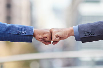 Image showing Fist bump, business people and motivation of staff with success, agreement and partnership. Team work, collaboration and deal of businessman with a greeting and welcome hand gesture with partner