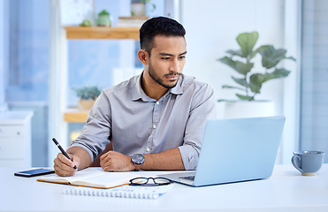 Image showing Young business man, writing and notebook with laptop, ideas or schedule planning at web design job. Businessman, book and computer with notes, brainstorming or problem solving for report in workplace